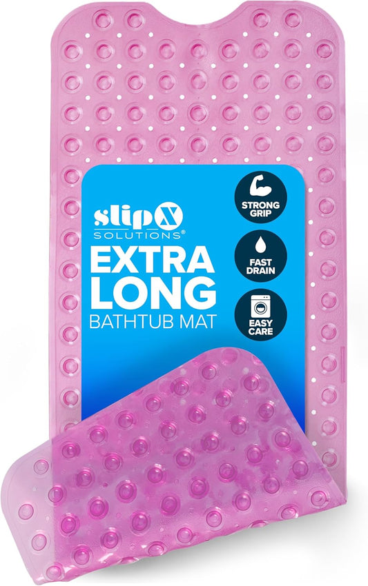 SlipX Solutions Power Grip Extra Long Bath Tub & Shower Mat 39x16, Wet Floor Non-Slip for Elderly & Kids Bathroom, 30% Longer Bathtub Mats, 200 Suction Cups, Drain Holes (1, Translucent Pink)