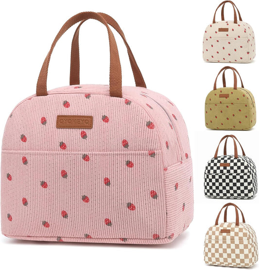 Lunch Bag for Women Men, Reusable Lunch Box, Insulated Lunch Pail bag with Large Capacity, Cute Corduroy Lunch Tote Bags, Cooler Lunch Container for Work Travel Office Picnic (Pink)