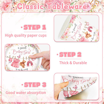 140PCS Pink Baby Shower Decorations Girls Baby Shower Party Supplies Disposable Plates Napkins Spoons Cups Tableware Set Serve 20 Guests