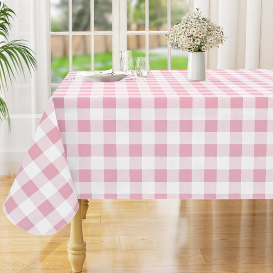 misaya Rectangle Waterproof Vinyl Table Cloth, Buffalo Flannel Backed Tablecloth, Wipeable Plastic Table Cover for Dinner, Kitchen, Outdoor (52" x 70", Pink and White)