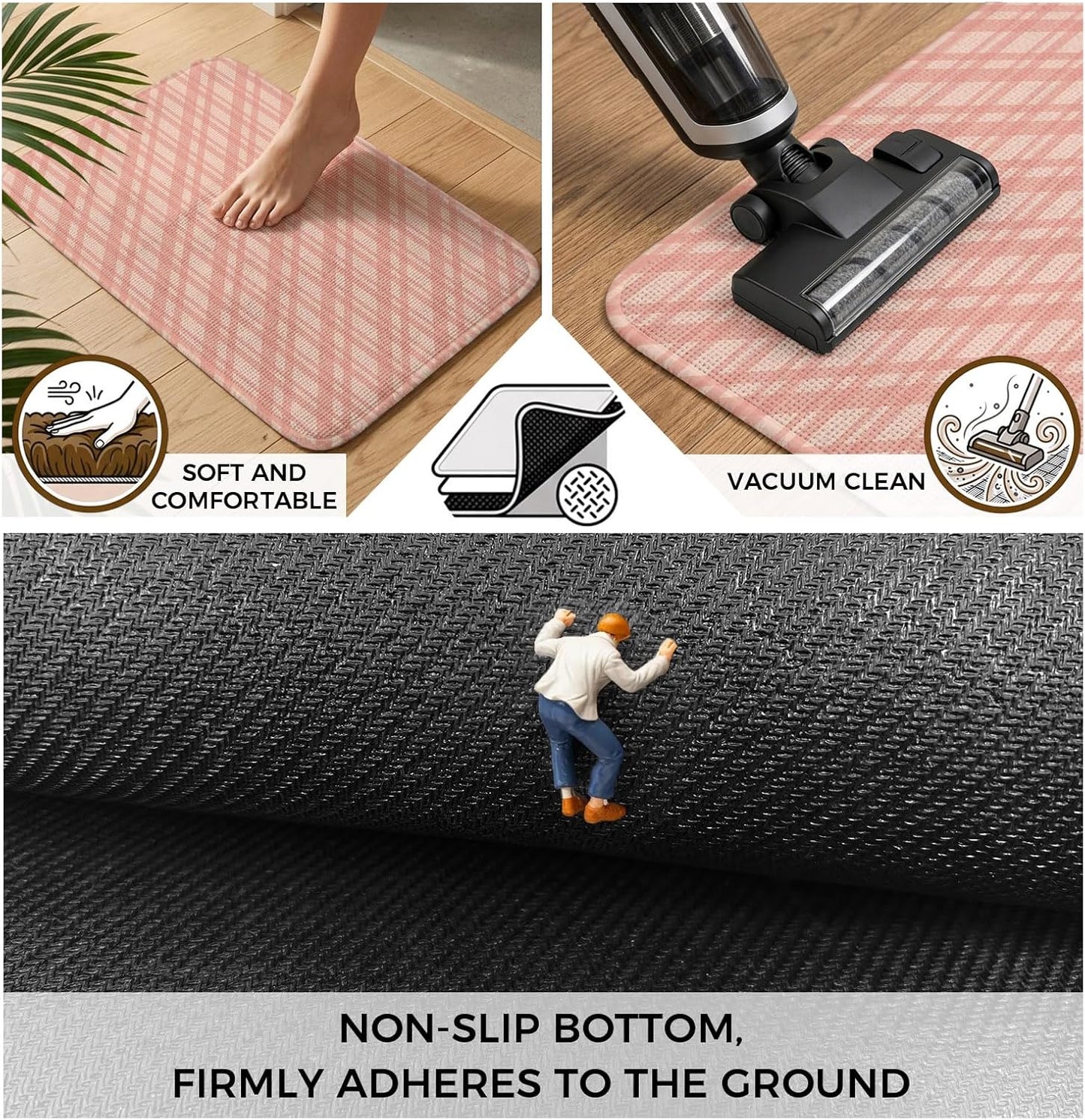 Bathroom Rugs 19.7x31.5 Inch, Pink Stripes Non Slip Rugs Washable Low Pile, Modern Minimalist Texture Front Door Mat Entryway Rug with Rubber Backing