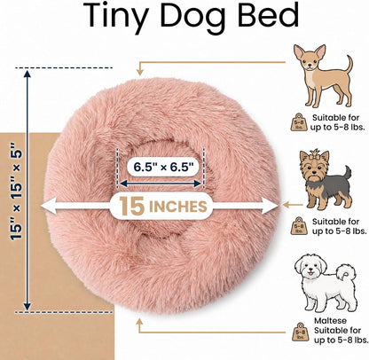 Tiny Dog Bed 15 Inch for Extra Small Dogs,Washable Puppy Bed,Soft Faux Fur Calming Donut Bed for Chihuahua Yorkie Maltese Pomeranian,Pink