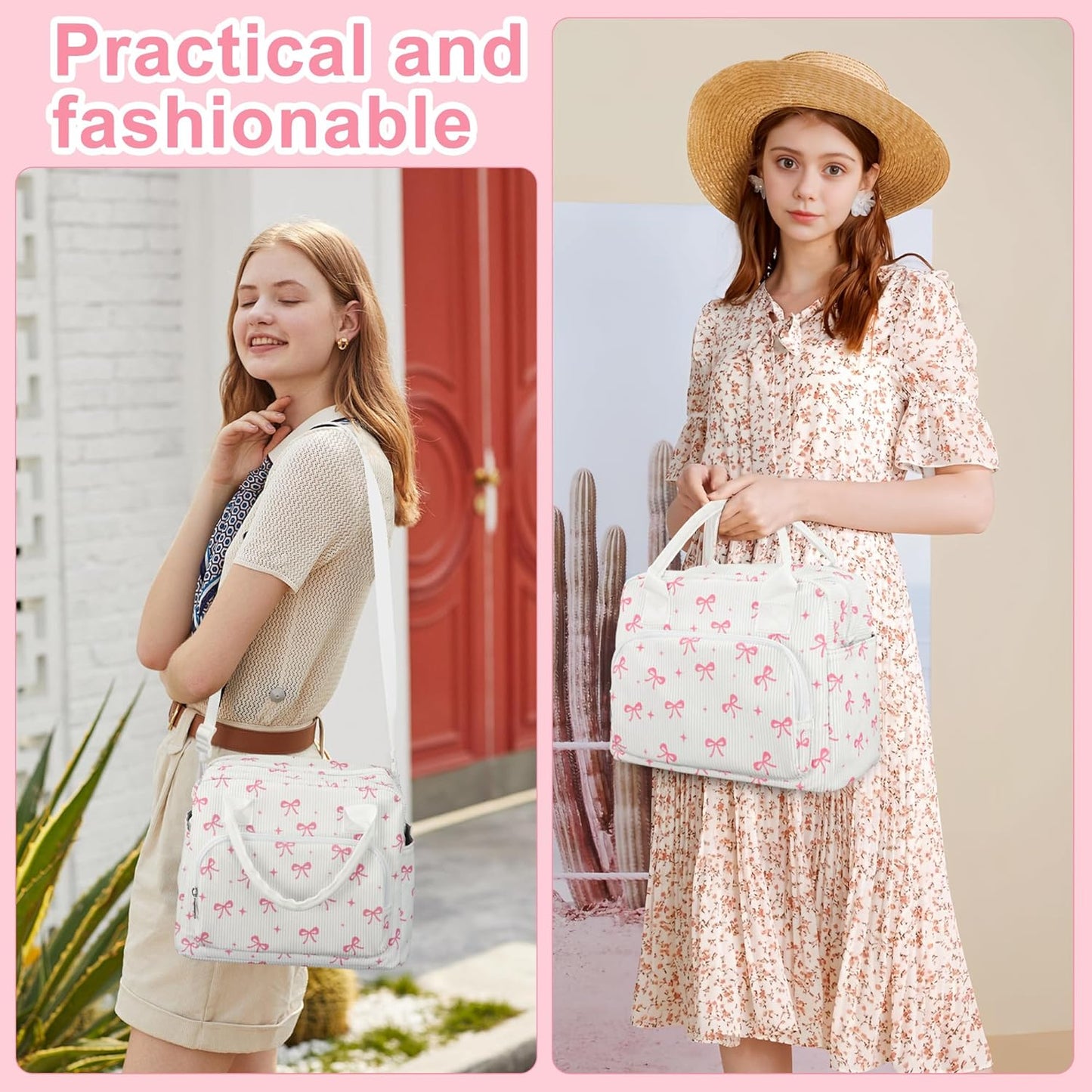 peony man Pink Bow Lunch Bag for Women Large Pink Bow Lunch Box Reusable Insulated Bows Lunches Tote Bag with Adjustable Shoulder Straps for Women Adult Work School Office Travel Picnic Food Container