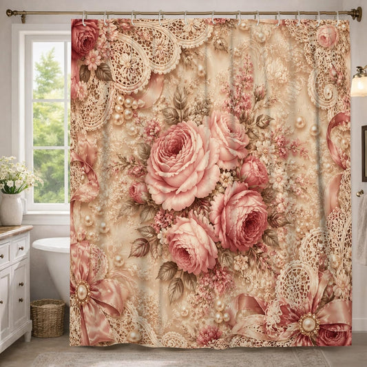 Rose Extra Long Shower Curtain, Vintage Elegant Lace Pearl Spring Peach Polyester Waterproof Bathtub Cloth Curtains for Bathroom Toile Guest Room Decor 72x96 Inch