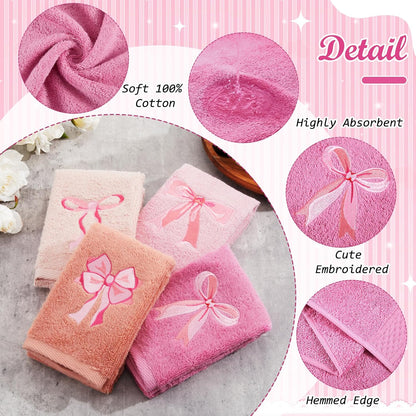 SmoothNovelty 4 PCS Pink Bow Hand Towels Set 29" x 13" Coquette Bow Embroidered Decorative Towel Absorbent Kitchen Bath Preppy Decor for Hand Drying Bridal Shower Wedding Gift