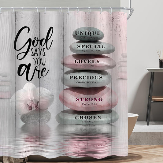 AMBZEK Pink Shower Curtain 60Wx72L Inch Bible Verse Scripture Christian Zen Stone Spa Meditation Relaxing Lotus Peach Blush Cloth Fabric Waterproof Polyester Bathroom Decor Set with 12 Pack Hooks
