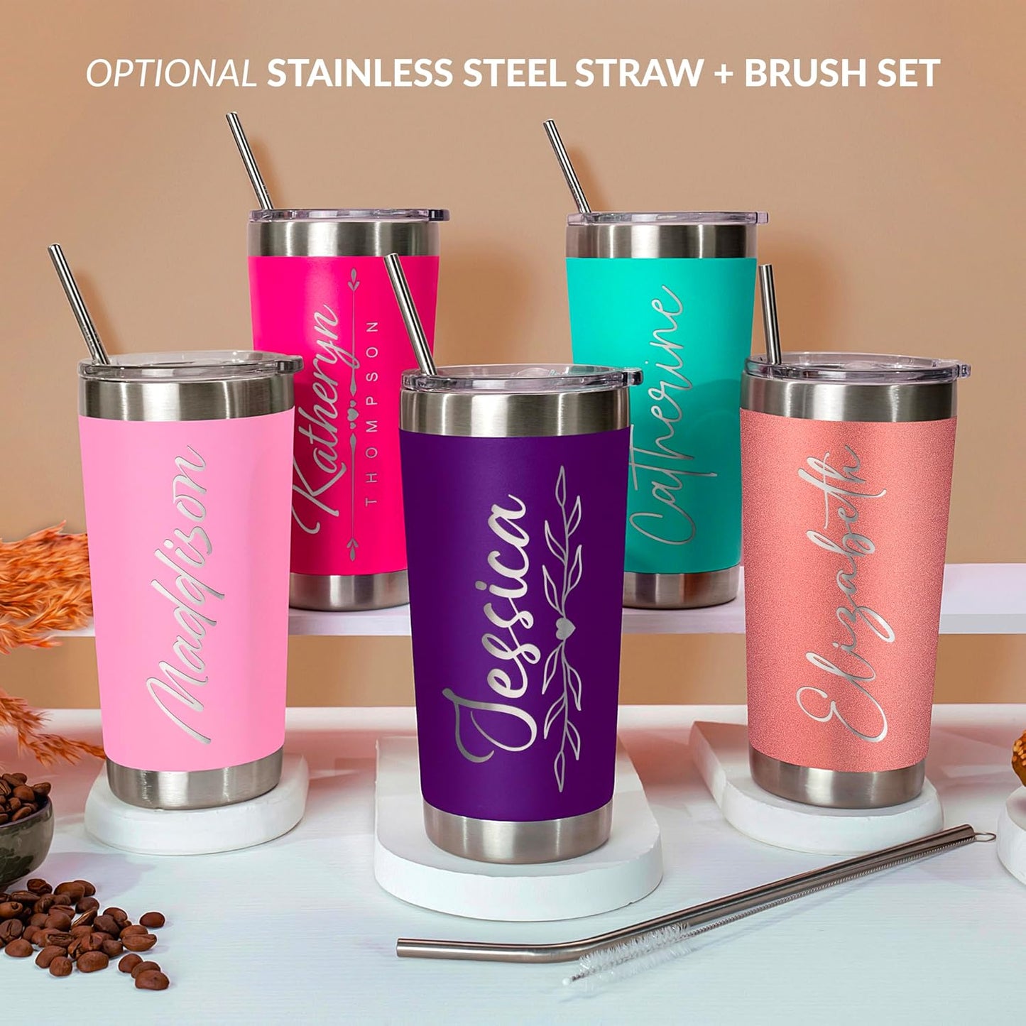 Personalized 30oz Tumbler with Engraved Name | Light Pink Stainless Steel Travel Mug with Slider Lid | Vacuum Insulated Coffee Cup | Custom Gift for Women & Men, Birthday, Christmas