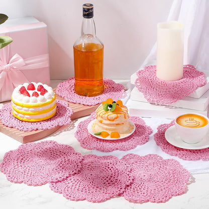 10 Pcs 8 Inch Cute Crochet Doilies Crochet Flower Coasters Handmade Cotton Coaster Round Lace Placemats with Floral Patterns Doily Cloth Set Spring Wedding Easter Party Decoration(Pink)