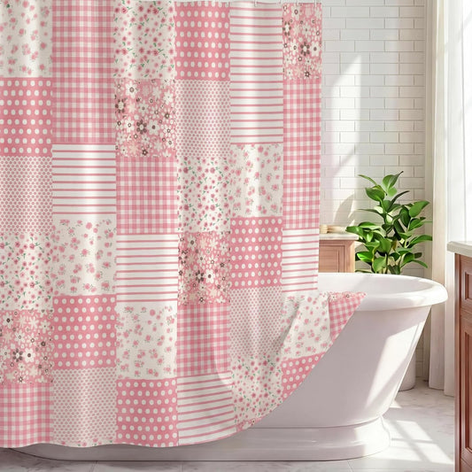 Pink Floral Shower Curtain 72x72'' Spring Cute Linen Cottage Boho Waterproof Patchwork Bath Curtain Set Mid Century Farmhouse Retro Vintage Plaid Bathroom Decor with 12 Hooks for Home