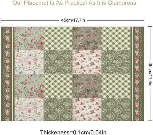 Vintage Boho Floral Placemats Set of 4, 12x18 Inch Green Patchwork Retro Pink Flower Plaid Spring Farmhouse Holiday Coffee Table Mats for Party Kitchen Dining Decoration