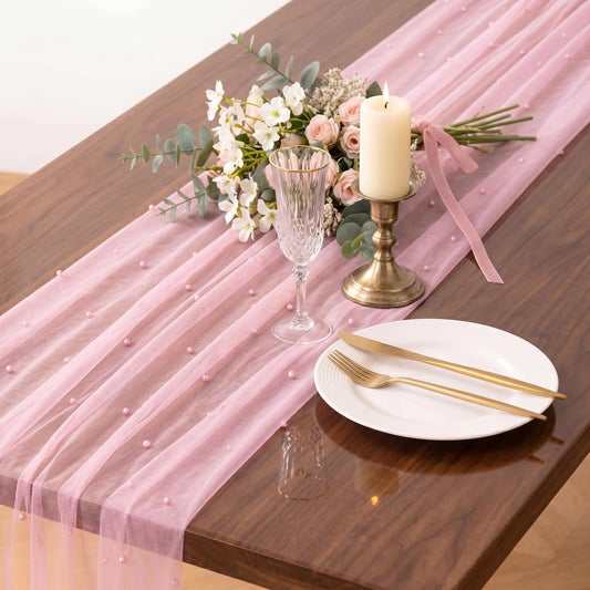 Pink | Pearl Tulle Table Runner | 10FT Gauze | Wedding Bridal Shower | Pearl Tulle | Soft Crinkle Cheesecloth-style Fabric with Rustic Edges | Hand Wash Only | No Ironing Needed for A Flowing Look