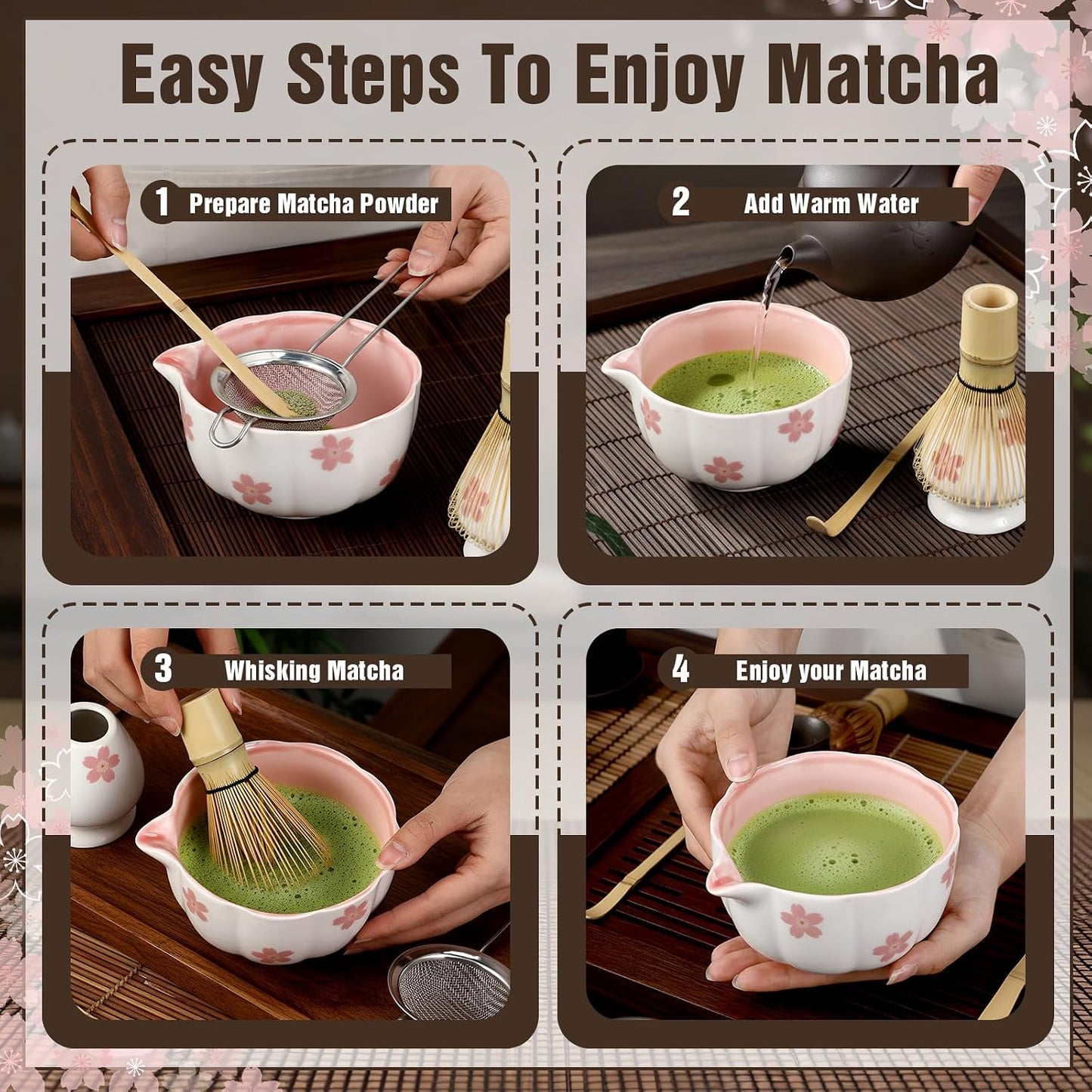 Vesici Matcha Whisk Set with Pink Sakura Bowl, Bamboo Whisk, Spoon, Chasen Holder, Stainless Steel Sifter, 5 Pcs Kit for Matcha Lovers Gift for Christmas, Birthday