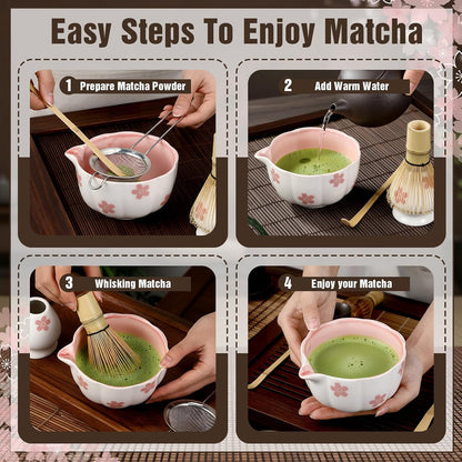 Vesici Matcha Whisk Set with Pink Sakura Bowl, Bamboo Whisk, Spoon, Chasen Holder, Stainless Steel Sifter, 5 Pcs Kit for Matcha Lovers Gift for Christmas, Birthday