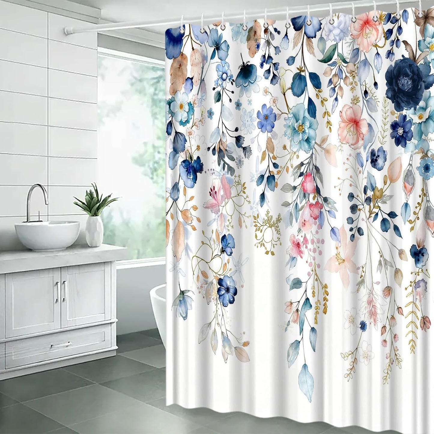 Navy Blue Pink Floral Shower Curtain Blue and Pink Watercolor Flower Eucalyptus Leaves Rustic Farmhouse Plant 70" WX70 H Bathroom Fabric Curtain with Hooks