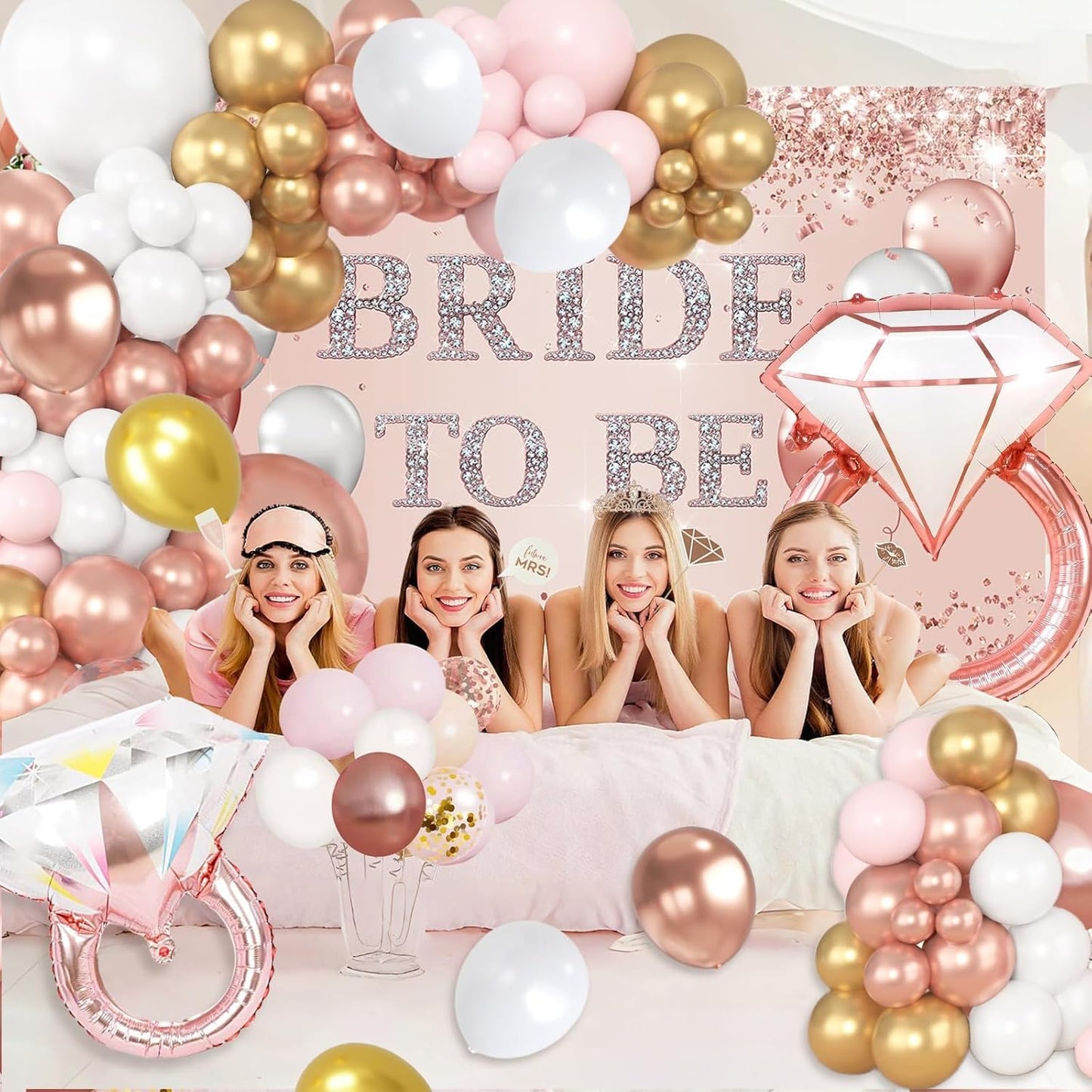121 Pcs Bachelorette Party Decorations Kit Rose Gold Bridal Shower Balloons Decor Bride to Be Backdrop, Sash, Veil, Crown, Diamond Ring Foil Balloons, Photo Booth Props Supplies