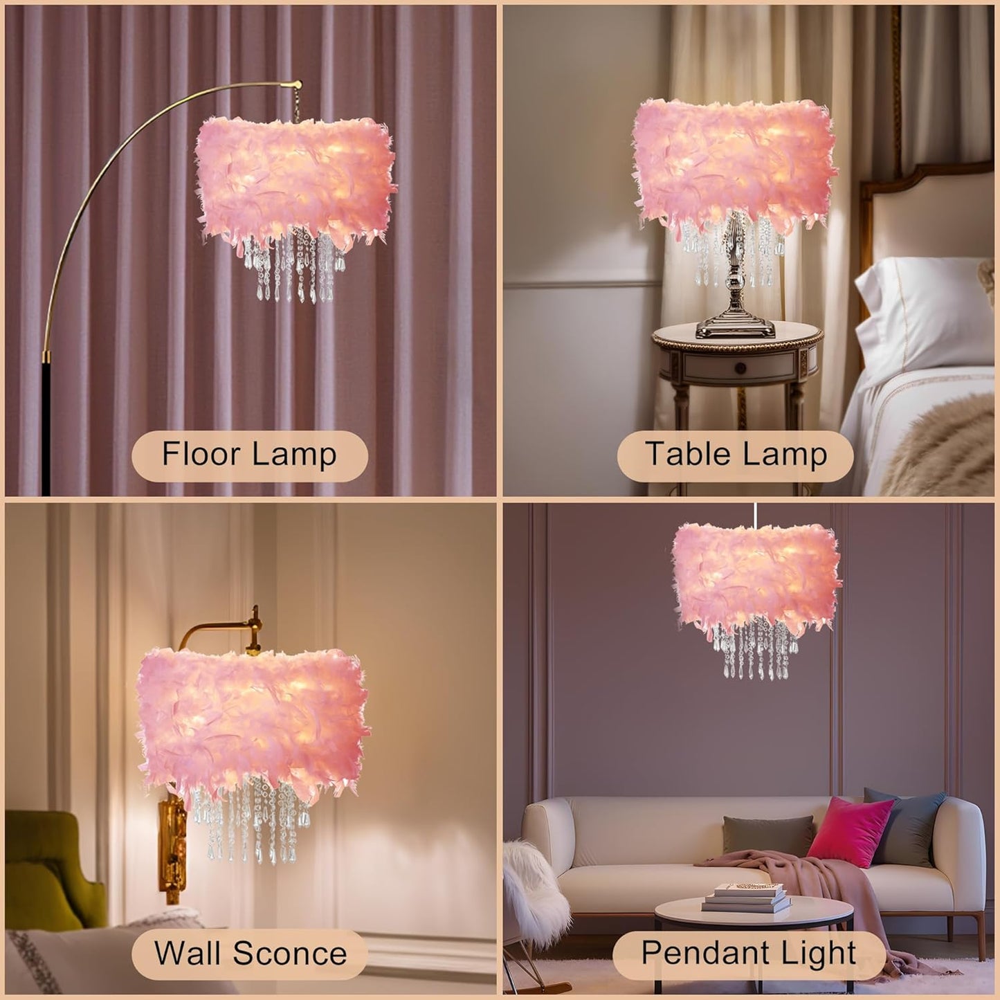 Feather Lamp Shade with Acrylic Beads Droplets, Soft Lampshade for Pendant, Table, Floor & Wall Lighting, Bedroom Wedding Decor, ID 11.8inch, OD 15.7inch, Pink