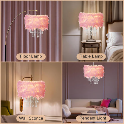 Feather Lamp Shade with Acrylic Beads Droplets, Soft Lampshade for Pendant, Table, Floor & Wall Lighting, Bedroom Wedding Decor, ID 11.8inch, OD 15.7inch, Pink
