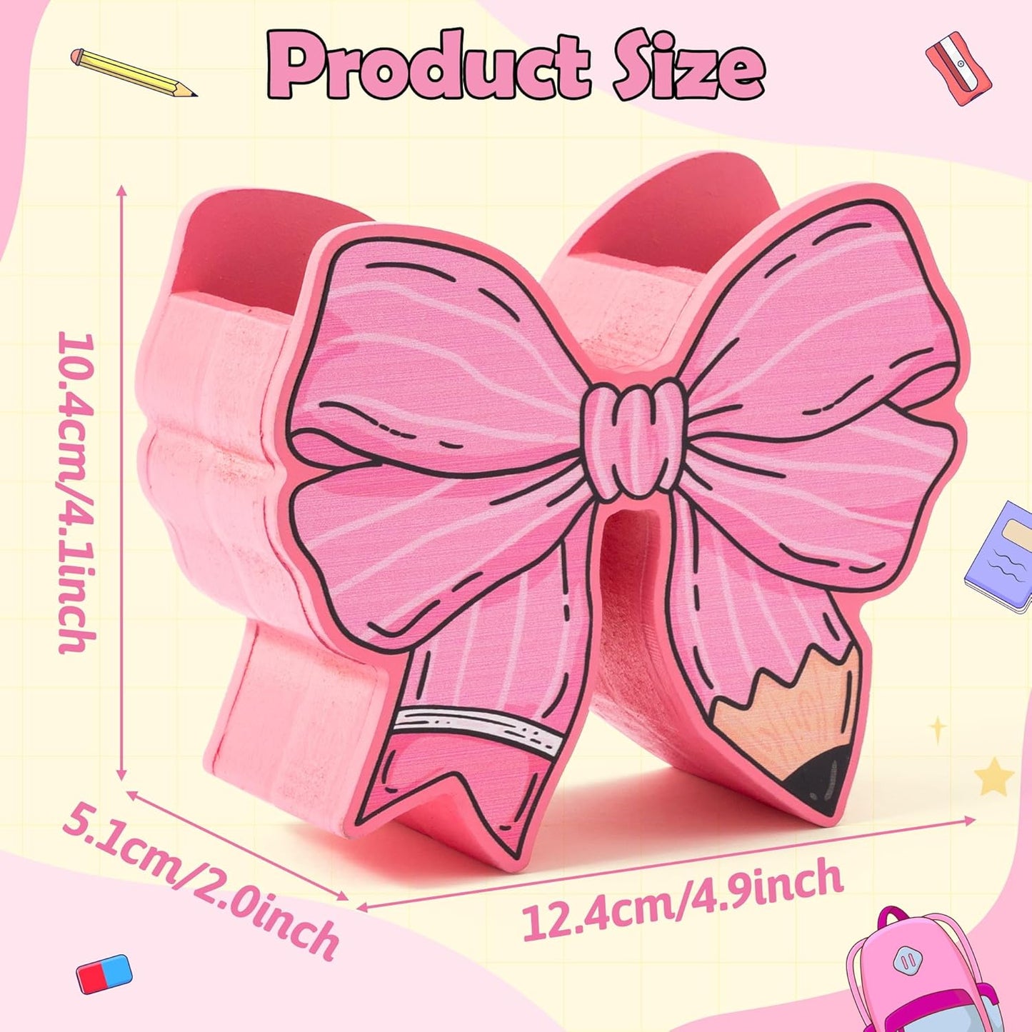 WATINC Bow Pencil Holder for Desk - 2pcs Cute Bowknot Pen Dispenser Wooden Desk Organizer for Back to School Office Home Decor Supplies, Funny Gift Makeup Brush Stand for Women (Yellow Pink)