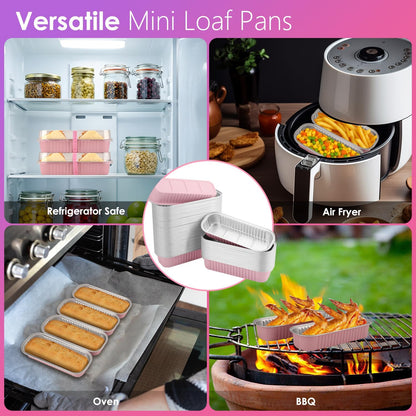 Mini Loaf Pans With Lids and Spoons, 100 PCS 6.8oz Mini Cake Pans for Baking, Aluminum Foil Loaf Pans, Small Aluminum Cake Tins, Cake Pans with Clear Lids,Sporks，Stickers(Pink)