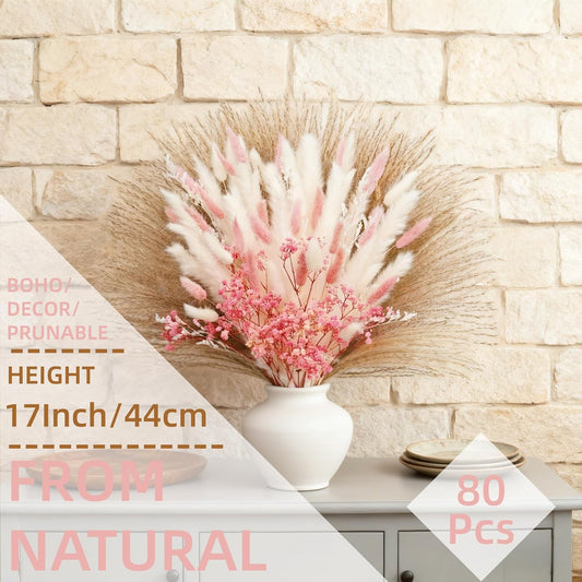 Bunny Tails Dried Flowers Bouquet Nature Colorful Pampas Grass with Baby Breath Dry Flowers for Home Room Valentines Day Table Wedding Decor (Pink)