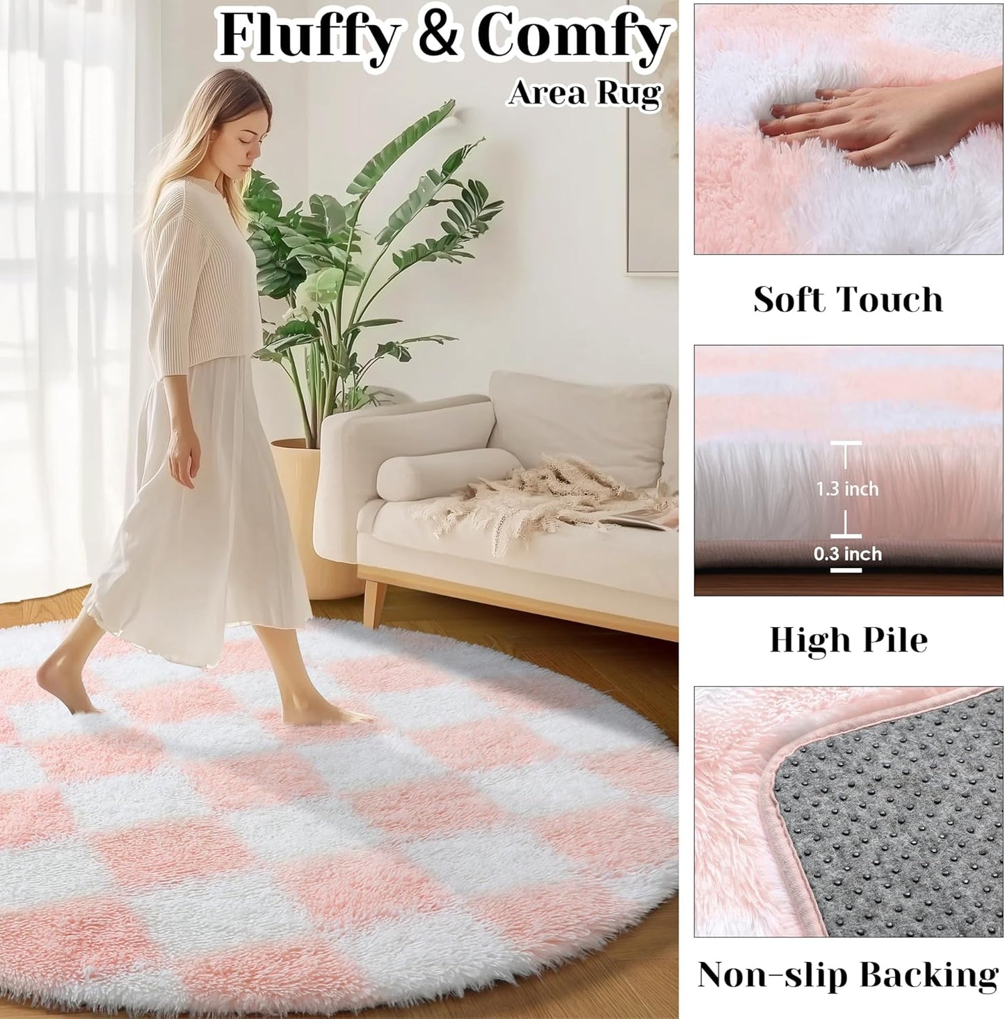KICMOR Pink Round Rugs 5ft for Girls Bedroom, Fluffy Soft Checkered Circle Area Rug Cute Fuzzy Shag Shaggy Living Room Carpet, Indoor Plush Circular Rug for Kids Room Nursery Home Decor Aesthetic