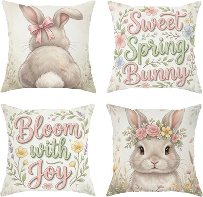 Bunny Throw Pillow Covers Set of 4, Spring Fanciful Flowers Bow Spring Pastel Peach Soft Velvet Washable Cover Decorative Pillows for Home Living Room Bedroom Dorm Couch Decor 16x16 Inch