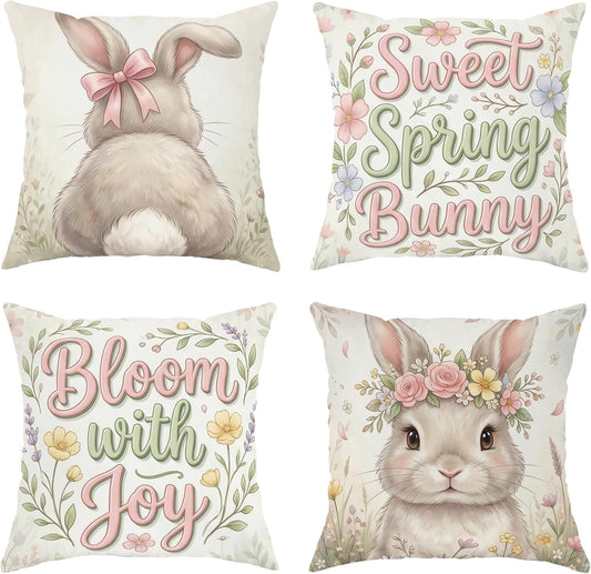 Bunny Throw Pillow Covers Set of 4, Spring Fanciful Flowers Bow Spring Pastel Peach Soft Velvet Washable Cover Decorative Pillows for Home Living Room Bedroom Dorm Couch Decor 16x16 Inch