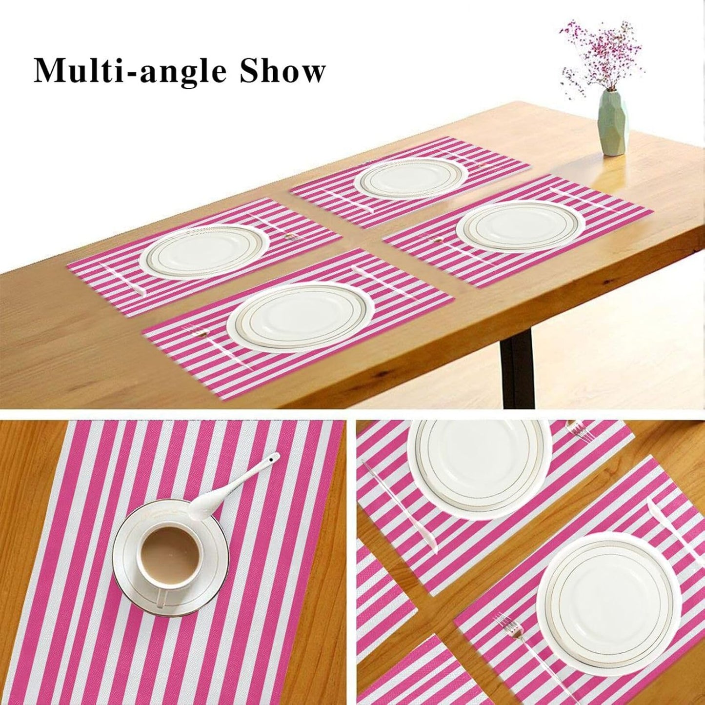 ALAZA Pink White Striped Set of 6 Placemats Rectangle Table Mat for Dining Table Restaurant Kitchen Home Decor, 12" x 18"