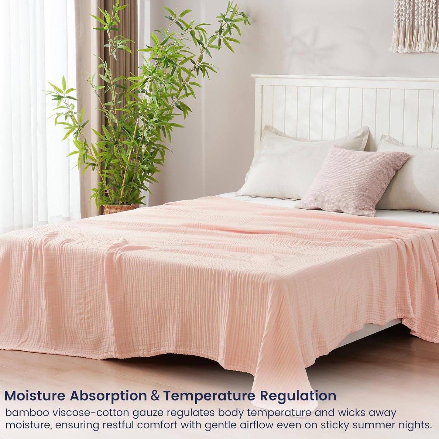 PHF Cooling Muslin Blanket King Size, Lightweight Gauze Blanket for Adults, 60% Rayon Derived from Bamboo & 40% Cotton for Summer, 4-Layer Soft Breathable for Hot Sleepers, 108"x90", Pink Rose