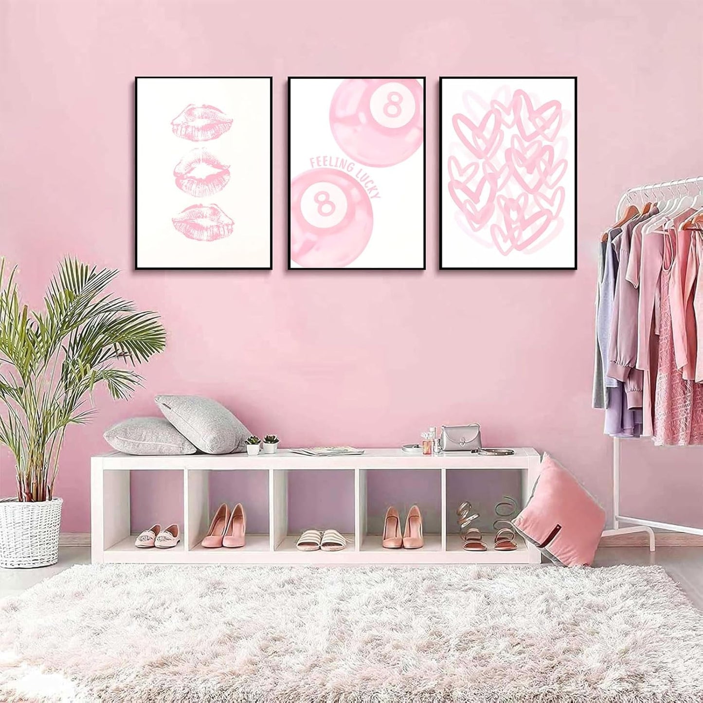 3Pcs Trendy Pink Preppy Canvas Wall Art Light Pink Cute Girly Lips Lucky 8 Ball Hearts Paintings Pictures Wall Decor Coquette Poster Printing Artwork for College Dorm Room Bedroom Home Decoration