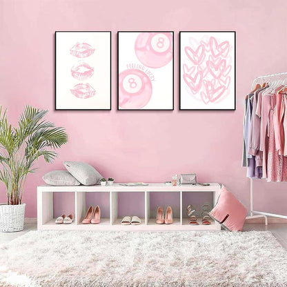 3Pcs Trendy Pink Preppy Canvas Wall Art Light Pink Cute Girly Lips Lucky 8 Ball Hearts Paintings Pictures Wall Decor Coquette Poster Printing Artwork for College Dorm Room Bedroom Home Decoration