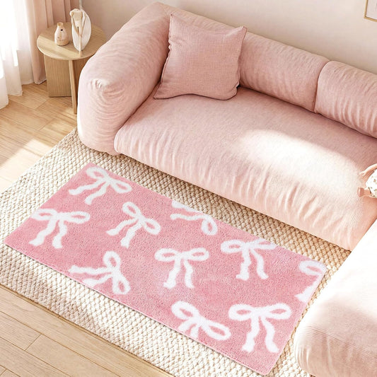 Tinideya Pink Bow Bathroom Rug 24 x 48 Inch Coquette Bath Mat Non Slip Absorbent Microfiber Floor Mat Machine Washable Cute Bow Rug for College Dorm Vanity Bedroom Bathroom Decor