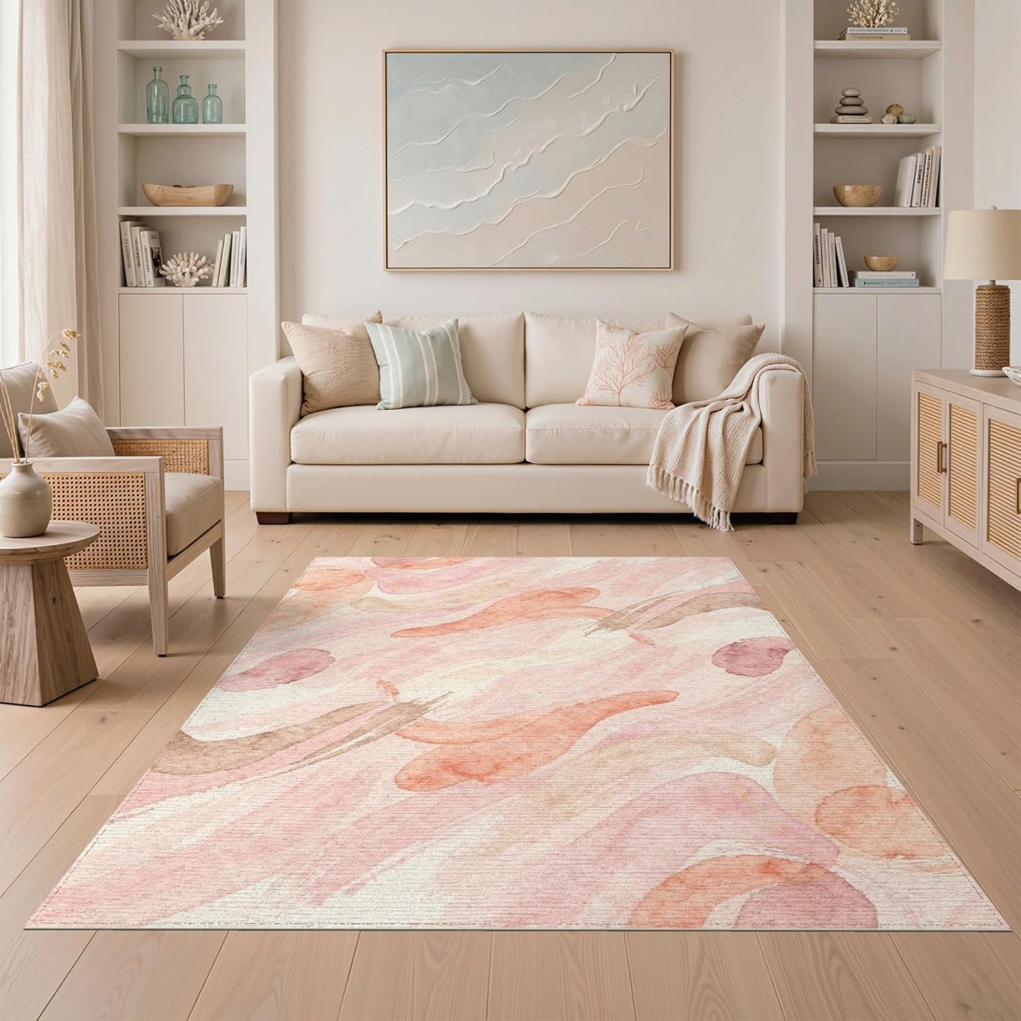 5'x7' Washable Abstract Abstract Area Rug, Blush Pink Non-Shedding Pet Friendly Carpet for Small Living Room, Playroom, Bedroom, Easy Care Kids Safe Mat | Ref:2109806