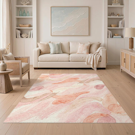 5'x7' Washable Abstract Abstract Area Rug, Blush Pink Non-Shedding Pet Friendly Carpet for Small Living Room, Playroom, Bedroom, Easy Care Kids Safe Mat | Ref:2109806
