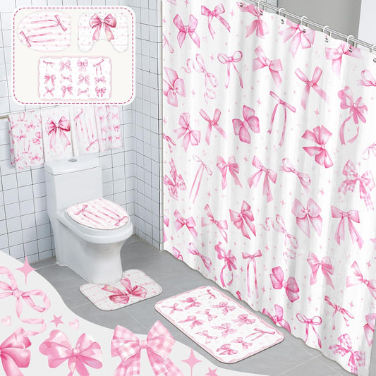 FuWeave 8 Pcs Pink Bow Shower Curtain Sets for Bathroom Decor Cute Coquette Bathroom Accessories Bow Knot Aesthetic Girly Shower Curtain Sets with Towels Carpet Bath Mat Toilet Rugs and 12 Hooks