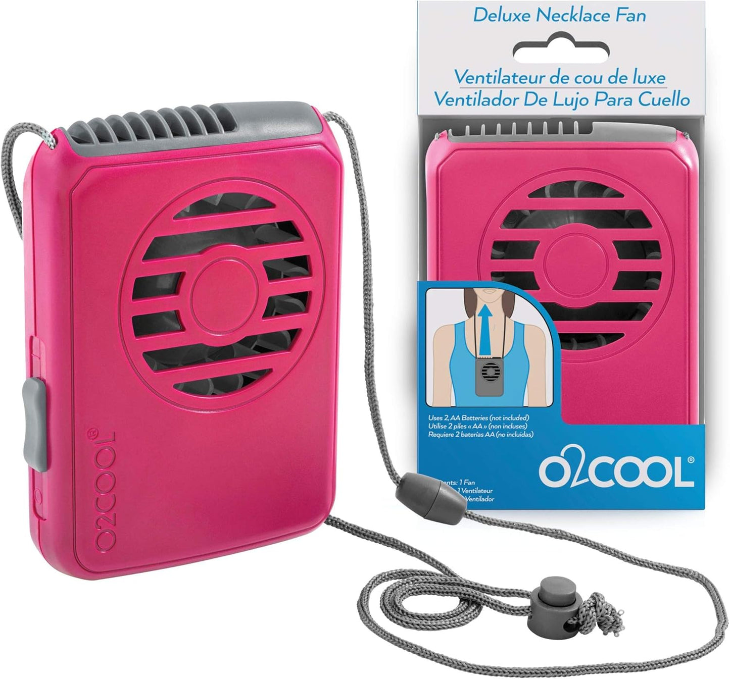 O2COOL Battery Powered Deluxe Necklace Fan For Personal Cooling With Adjustable Lanyard (Pink)