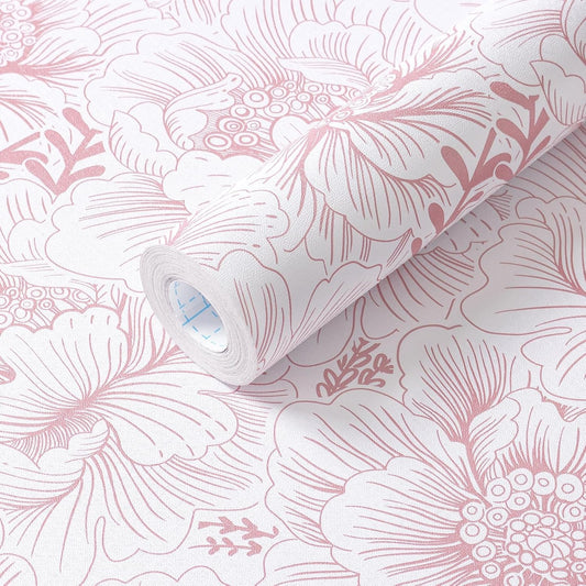 GloryTik Floral Wallpaper Peel and Stick Pink and White Contact Paper Boho Modern Removable Self Adhesive Waterproof Nursery Wall Paper for Bedroom Bathroom Cabinets Decor Vinyl 17.3" X 393.7"