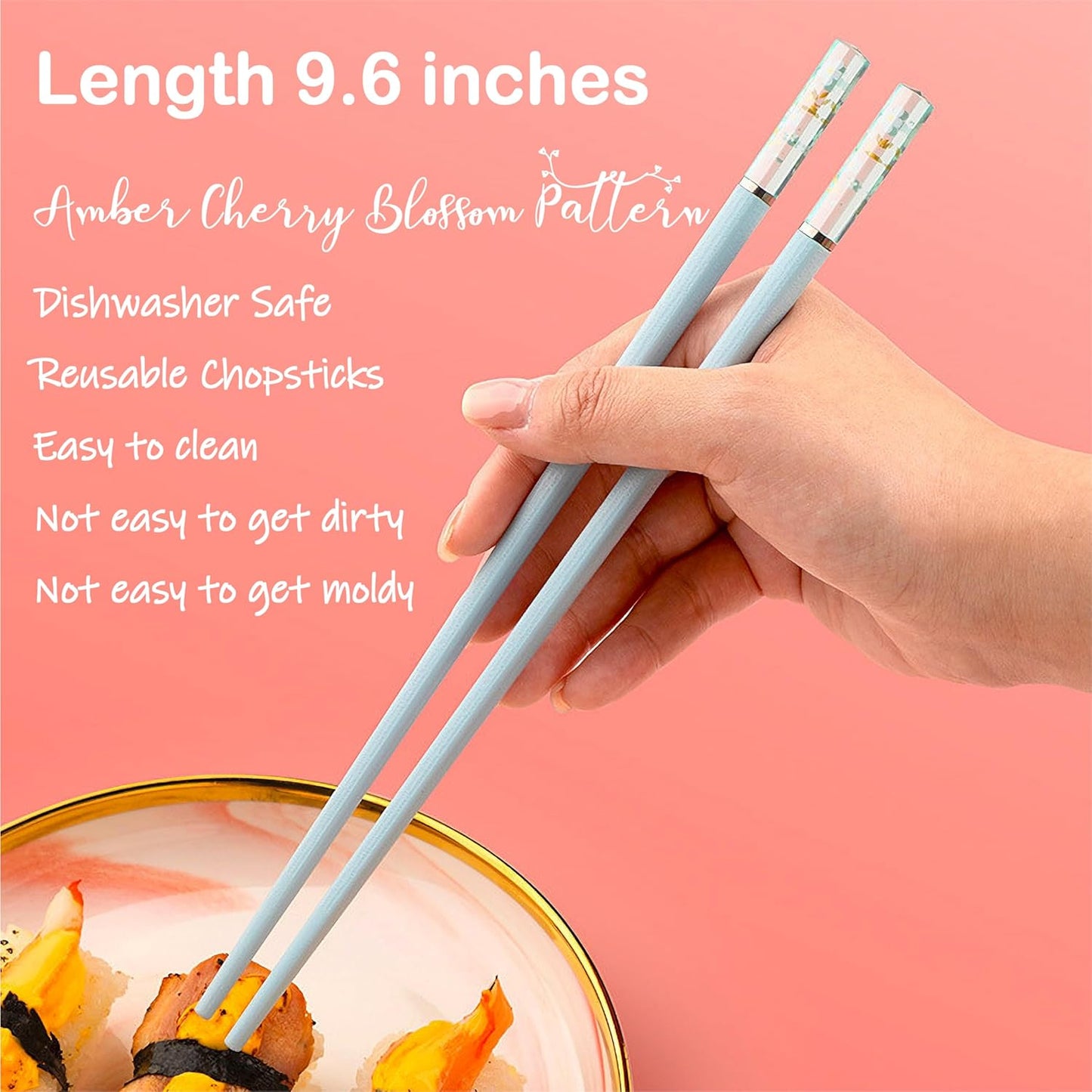 5 Pairs Fiberglass Chopsticks - Amber Cherry Blossom Pattern, Multicolor - Japanese & Korean Chopsticks - Reusable, Dishwasher Safe - Yellow, Pink, Blue, Green, Purple