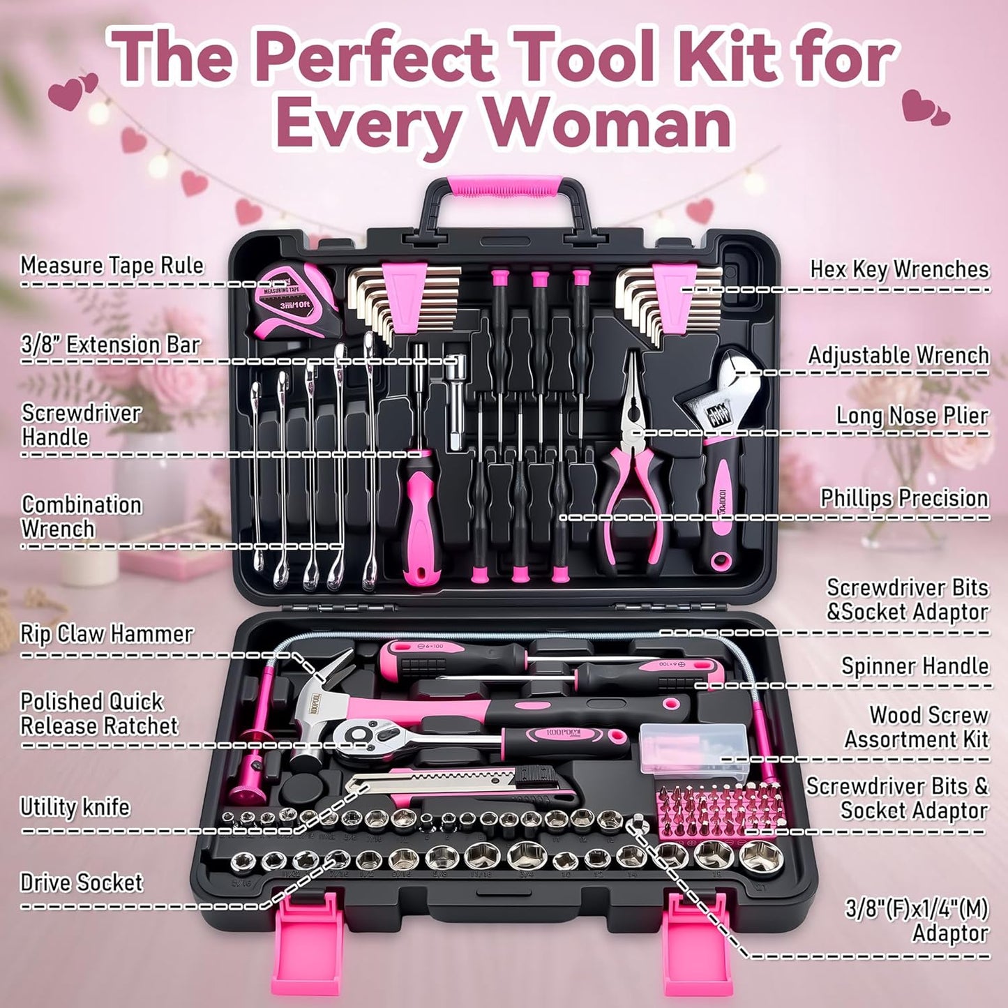 KOOPOOL 159 Piece Pink Tool Set, Tool Kit for Women, General Household pink tool kit for Home Auto Repair, Basic Mechanic Tool Box, with Storage Case