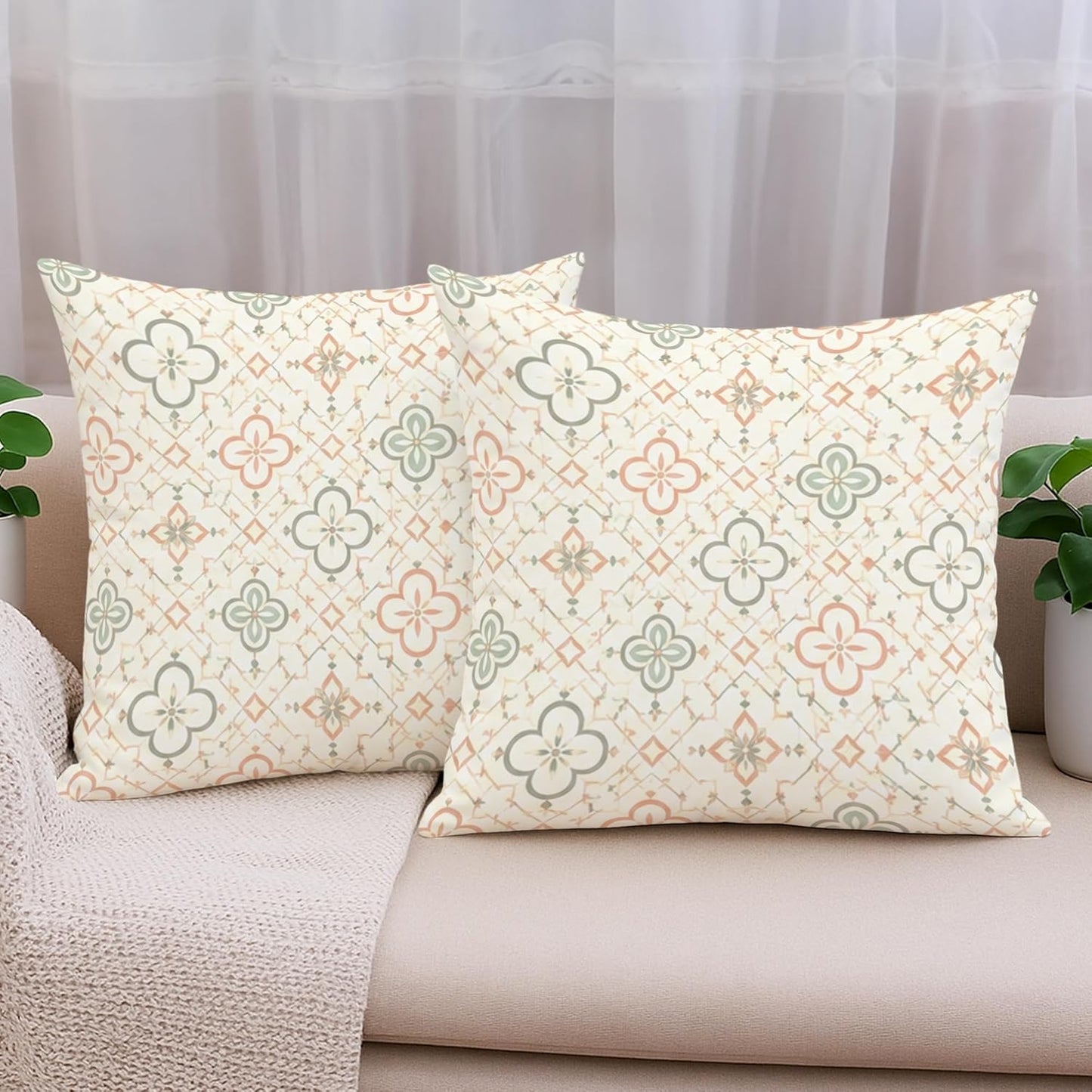 Flower Throw Pillow Covers Set of 2, Modern Bohemian Diamond Leaf Spring Pastel Peach with Hidden Zipper Cushion Covers Pillow for Living Room Bedroom Loft Office Car Decor 18x18 Inch