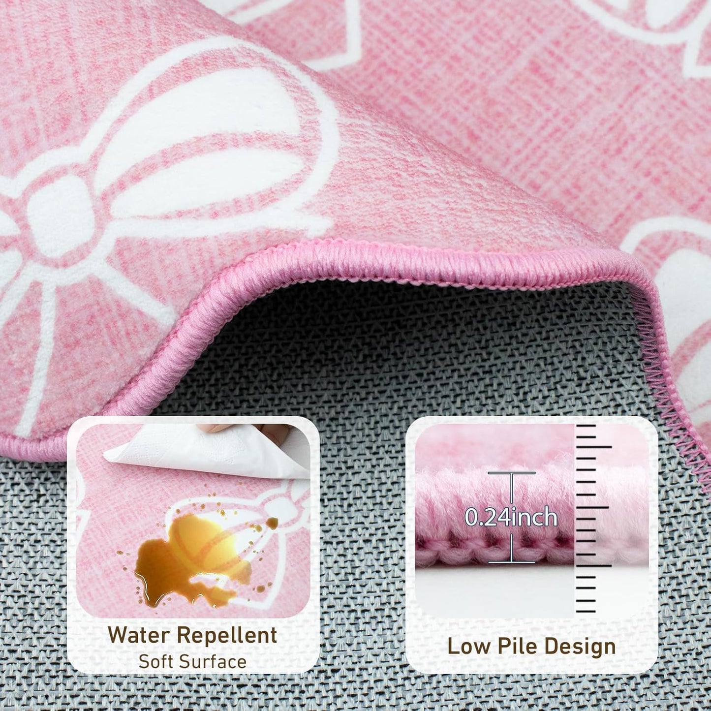 Pink Bow 2x6 Runner Rug for Hallway Entryway, Washable Cute Scalloped Bedside Rug for Living Room, Soft Low Pile Bowknet Rugs for Girls Bedroom Decor, Non Slip Carpet for Dorm Playroom Kitchen