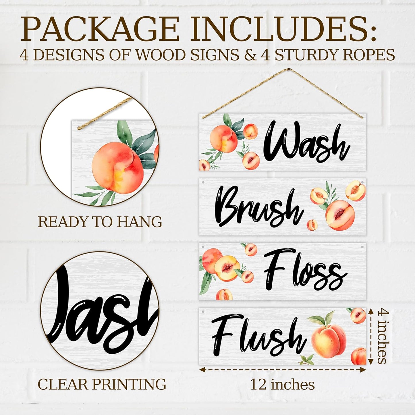 4 Pcs Minimalism Peach Bathroom Wall Decor Sign, Bathroom Wall Art Decor Gift, Wash Brush Floss Flush Wooden Hanging Plaque Sign For Farmhouse Home Bathroom Restroom Spa Room Laundry Room -18
