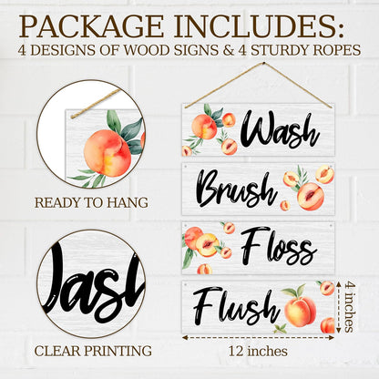 4 Pcs Minimalism Peach Bathroom Wall Decor Sign, Bathroom Wall Art Decor Gift, Wash Brush Floss Flush Wooden Hanging Plaque Sign For Farmhouse Home Bathroom Restroom Spa Room Laundry Room -18