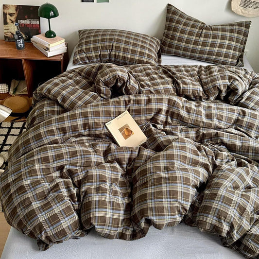 PinkMemory Brown Blue Gingham Buffalo Plaid Duvet Cover King 100% Washed Cotton Vintage Checkered Duvet Cover Set 3pcs Retro Grid Bedding Set with Zipper Closure Corner Ties,Soft Breathable