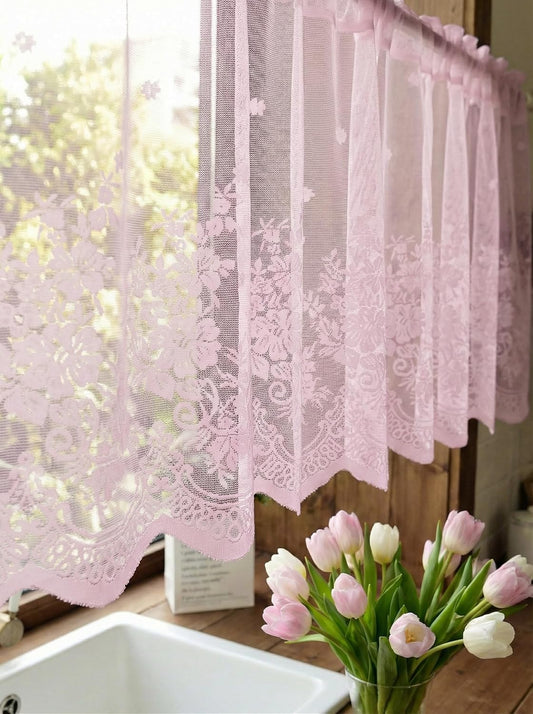 Molaxhome Kitchen Curtains Pink Lace, Floral Embroidered Semi Sheer Curtain Window Valance for Kitchen Cafe Dinning Bath Room