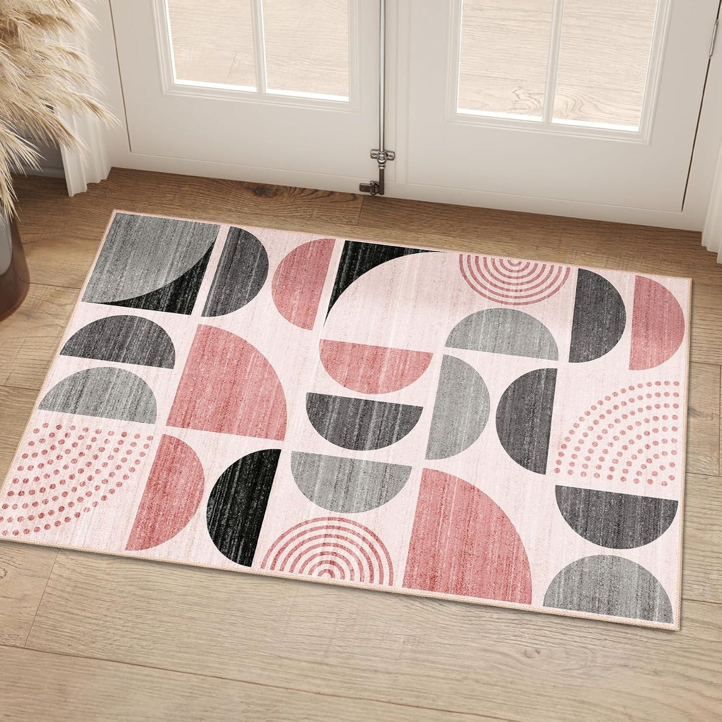 MUJOO Small Rug Washable,Boho 2x3 Area Rugs for Entryway Bathroom Entry Entrance Bedroom Kitchen,Front Door Mat Throw Carpet Non Slip Indoor Soft Modern Abstract Pink and Grey