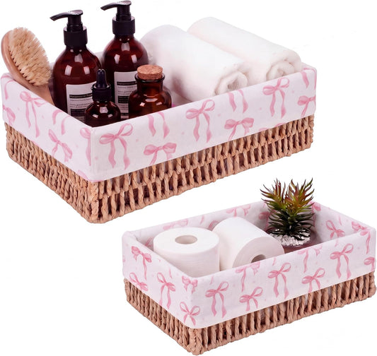 SiliFine Pink Bow Toilet Paper Storage Basket Set of 2 Chinoiserie Decorative Wicker Bathroom Organizer for Toilet Tank Trays Holder Bin for Shelves Fits with Any Bathroom Decorative
