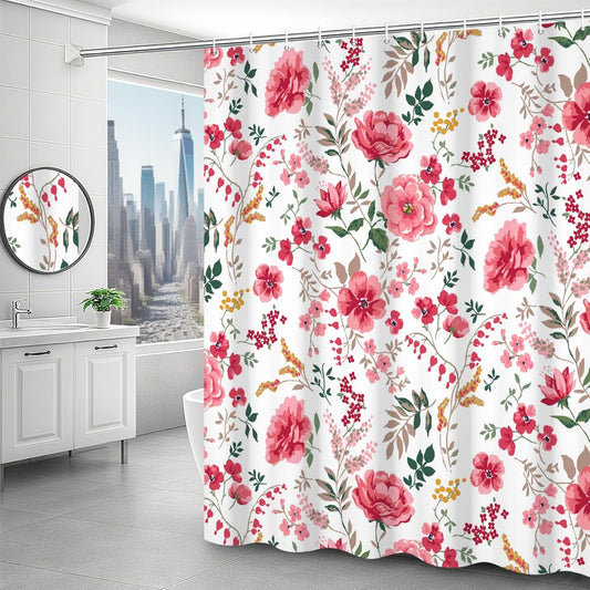 Pink Floral Shower Curtain Watercolor Plant Pattern Curtain for Bathroom Cute Pink Wildflower Grass Shower Curtain with Hooks Waterproof Fabric Decor 48x72 Inch