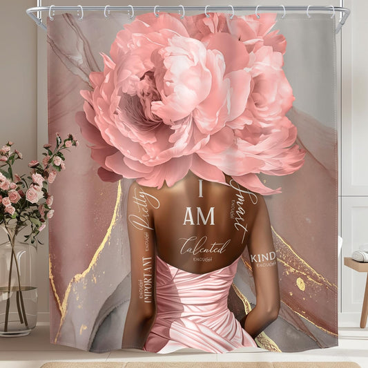 MESHELLY Pink Black Girl Shower Curtain 60Wx72H Abstract Marble African American Floral Flower for Bathroom Positive Quotes Bath Curtain Black Women Bathroom Decor Fabric with 12 Hooks