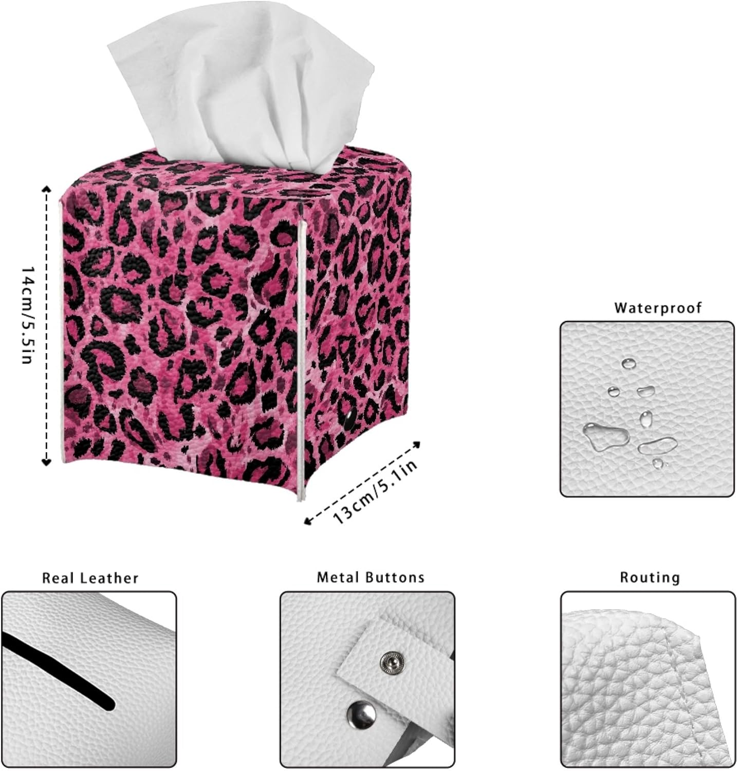 ZFRXIGN Leopard Print Tissue Box Covers Square Cube Tissue Box Covers Pink Tissue Box Cover for Bathroom Night Stand Office Vanity Countertop Leather Facial Paper Organizer Dispenser
